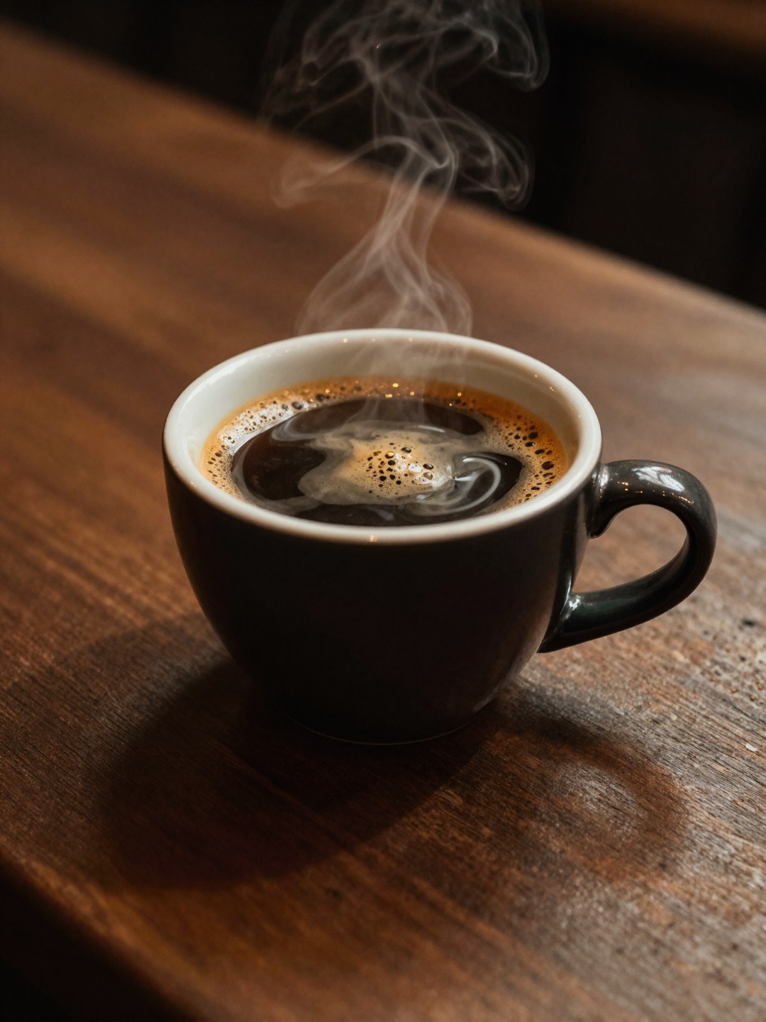 Frisch gebrühte Tasse Kaffee mit Crema und aufsteigendem Dampf
